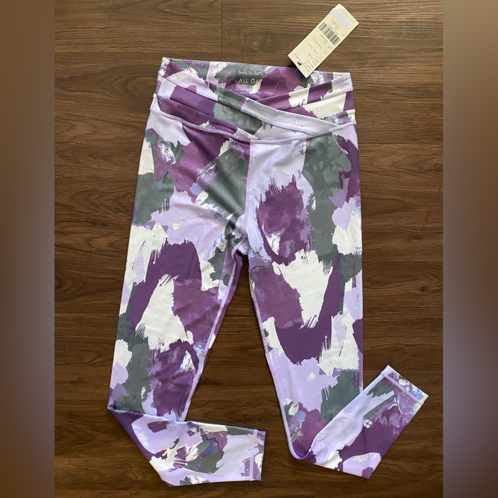 Sweaty Betty All Day Wrap Waist Leggings Full Length Size 8 Purple Brushstroke